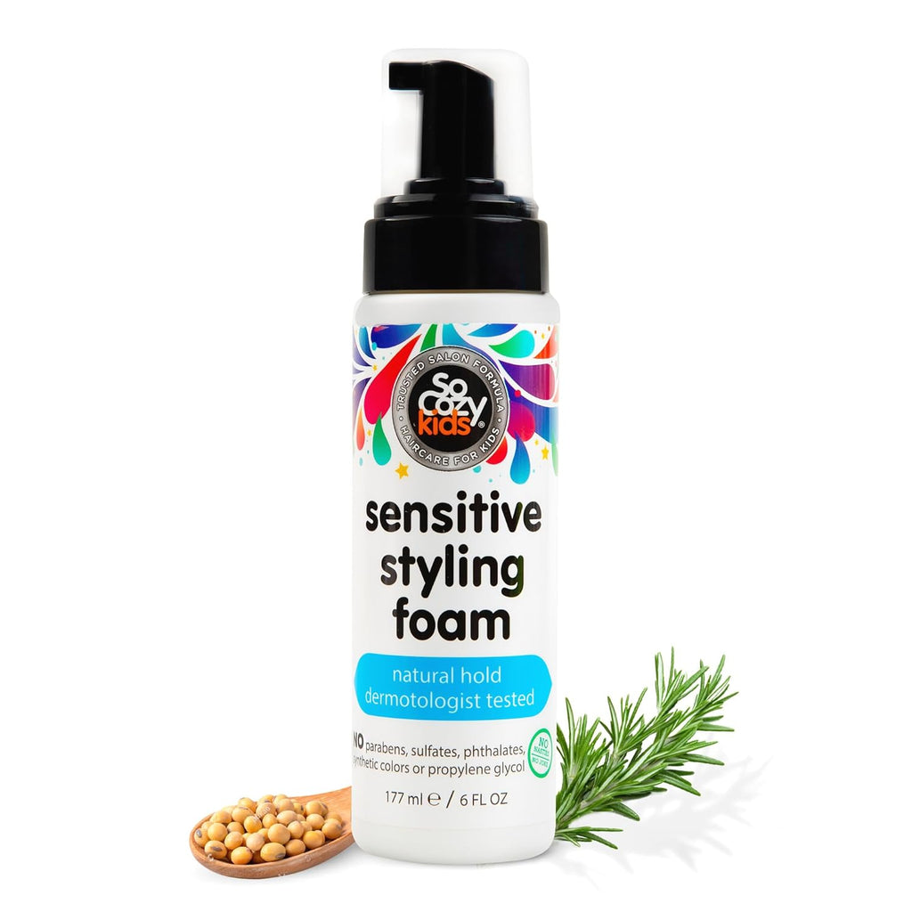 SoCozy Kids Sensitive Styling Foam - Gentle Hold Foam for Straight or Curly Hair | Rosemary Scent (6 fl oz)