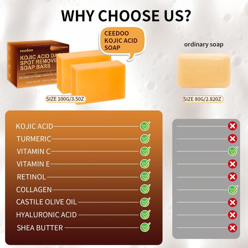 ceedoo Kojic Acid Soap for Dark Spot Remover Bars with Turmeric, Vitamin C, Retinol, Collagen with Hyaluronic Acid, Vitamin E, Shea Butter, Castile Olive Oil - 3.52 OZ x 2 Bars with Soap Holder & Bag