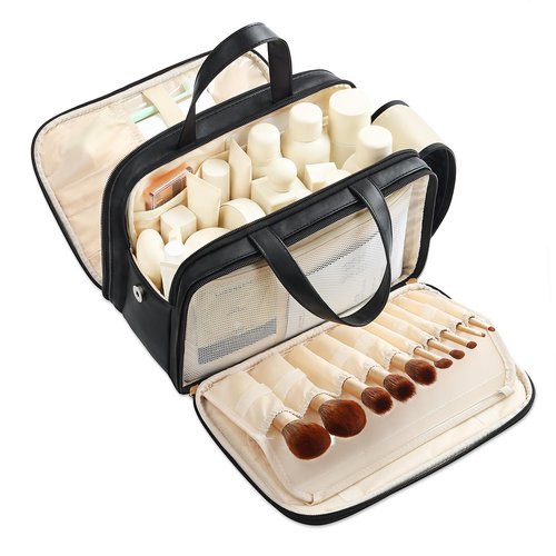 Large Travel Makeup Bag for Women with Luggage Sleeve and Reinforced Dual Handles, Featuring 10 Independent Elastic Brush Slots and 25 Pockets, Large Capacity Waterproof Cosmetic & Toiletry Organizer