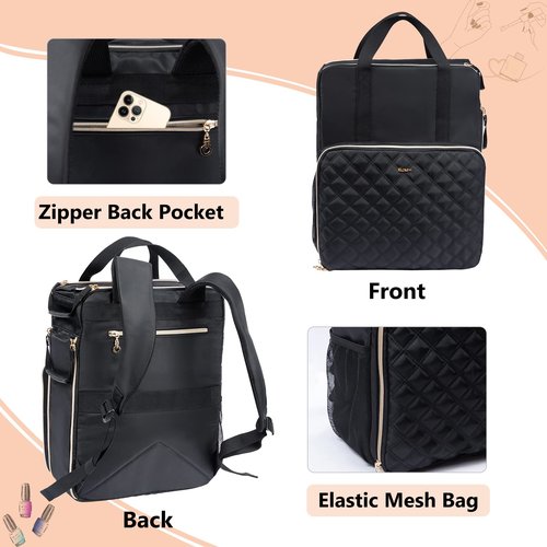 ELCUPA Nail Polish Organizer Backpack Holds 84-93 Bottles and a Nail Lamp, Nail Tech Storage Case Large Nail Polish Bag with 3 Removable Boxes and Tools Organizer Sections(Black)