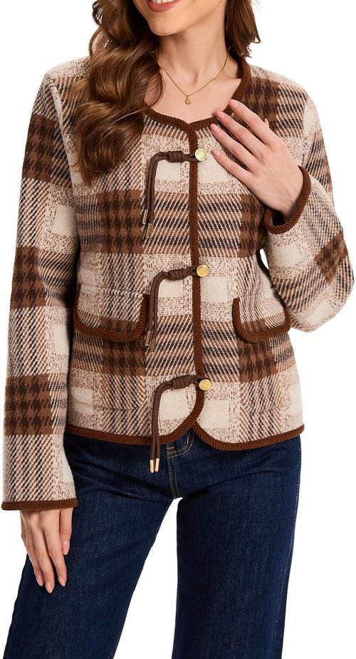 HOULENGS Women's Vintage Plaid Cardigan Sweater - Long Sleeve Knit Coat with Pockets for Fall Fashion