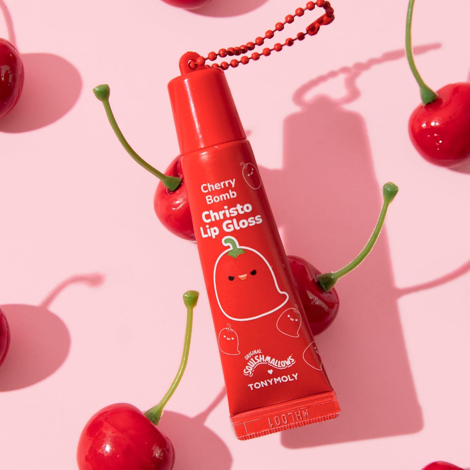 TONYMOLY Christo Keychain Lip Gloss - Hydrating Sheer Cherry Red Tint with Cherry Extract & Rosehip Oil, 11ml