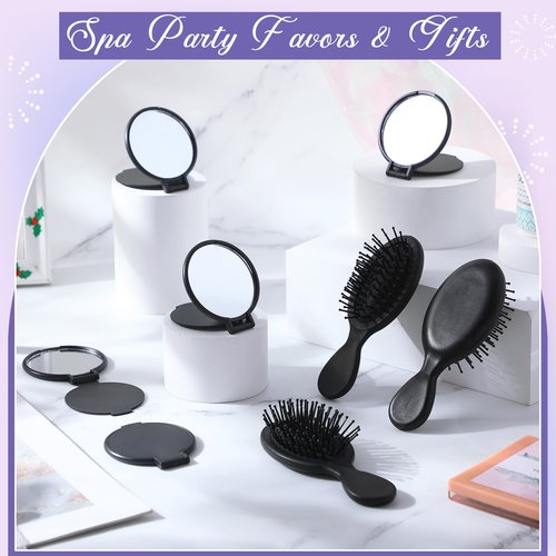 Meanplan 48 Pcs Mini Hair Brush Set 24 Travel Wet Dry Hair Combs Pocket Detangling 24 Compact Folding Makeup Mirrors for Spa Sleepover Birthday Bridal Shower Bachelorette Christmas Party Gift(Black)