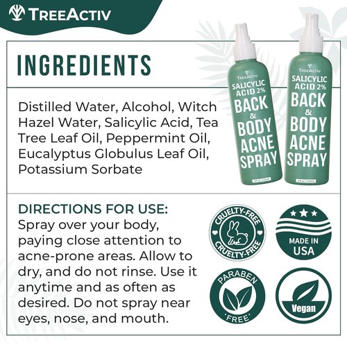 TreeActiv Salicylic Acid Back & Body Acne Spray, Fine Mist Back Spray for Bacne & Chest Acne, Tea Tree + Eucalyptus, Fast-Drying Non-Staining, 4 fl oz (2-Pack, 8 fl oz Total)