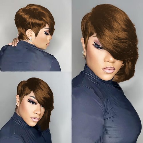 SAEIALL Short Pixie Cut Wig for Black Women Black Pixie Human Hair Chocolate Brown Short Wigs for Women Soft Real Human Hair Glueless Layered Wigs with Bangs Full Machine Made (Brown)