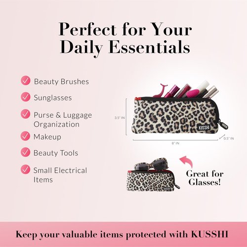 KUSSHI Neoprene Zipper Makeup Brush Pouch and Travel Pencil Case for Beauty Tools, Pencils, Brushes & Small Accessories - Makeup Brush Bag Pouch for Organization and Travel Items (Leopard/Red)