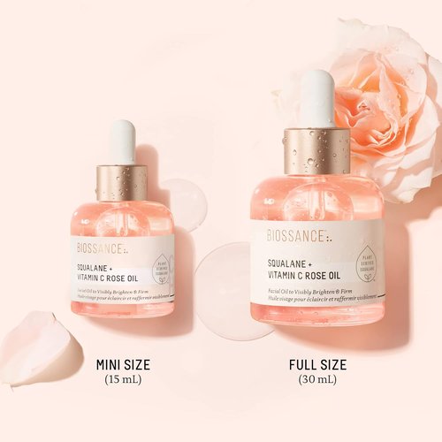 BIOSSANCE Squalane + Vitamin C Rose Facial Oil - Brightening & Hydrating Serum for All Skin Types | 1 oz