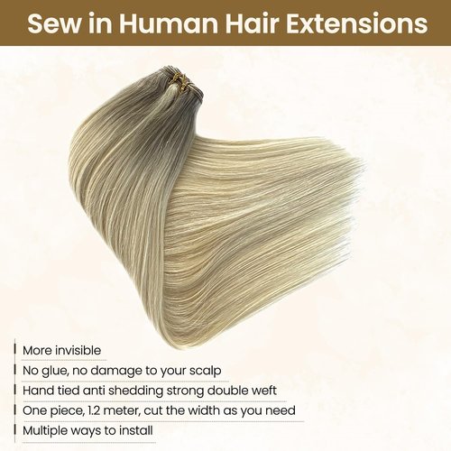 Sew in Hair Wefts Human Hair Extensions Balayage Blonde Highlights to Platinum Blonde Hand Tied Weft Hair Extensions Human Hair 14 Inch Double Weft Sew in Hair Extensions Real Human Hair Full Head