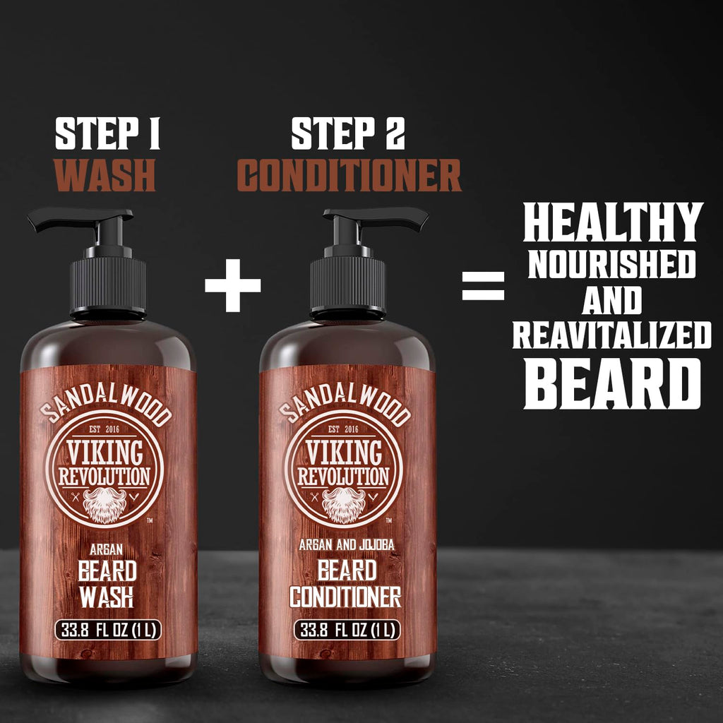 Viking Revolution Sandalwood Beard Wash for Men with Argan Oil - Beard Softener and Strengthener Beard Shampoo with Ginseng, Red Sage, Vitamin B5, Vitamin E - Sandalwood Beard Care (33.8 Fl oz)