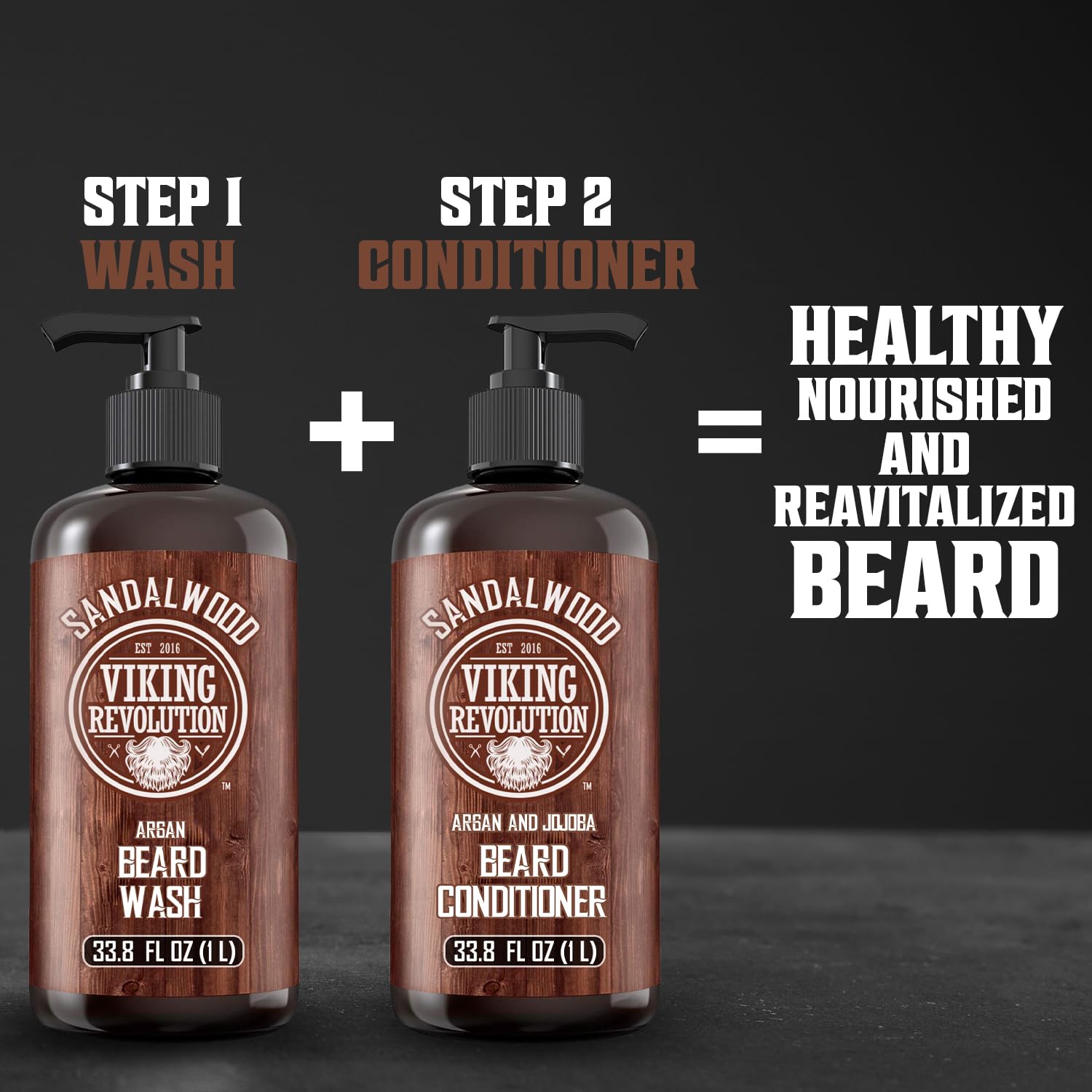 Viking Revolution Sandalwood Beard Wash for Men with Argan Oil - Beard Softener and Strengthener Beard Shampoo with Ginseng, Red Sage, Vitamin B5, Vitamin E - Sandalwood Beard Care (33.8 Fl oz)