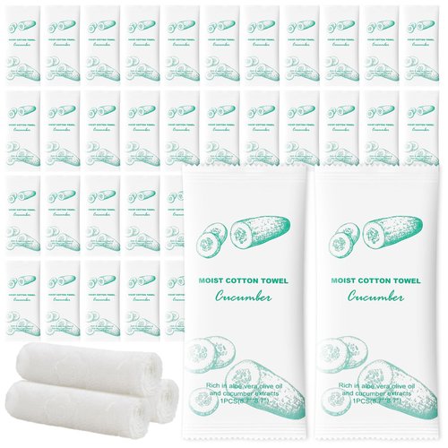 Moist Cotton Towel Bulk Moist Towelettes Individually Wrapped,White Towel Services,Refreshment Pre Moistened Towels for Dentist Travel Sport Party Hotel 50，Green tea (pack of 50, Cucumber)