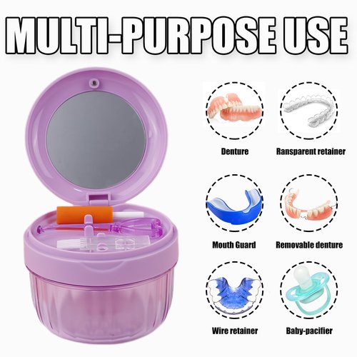 Denture Case, Leak-Proof Denture Bath Cup for Travel, Large-Capacity Denture Storage Cup, Comprehensive Cleaning Kit for Dentures, Retainers and Night Guards