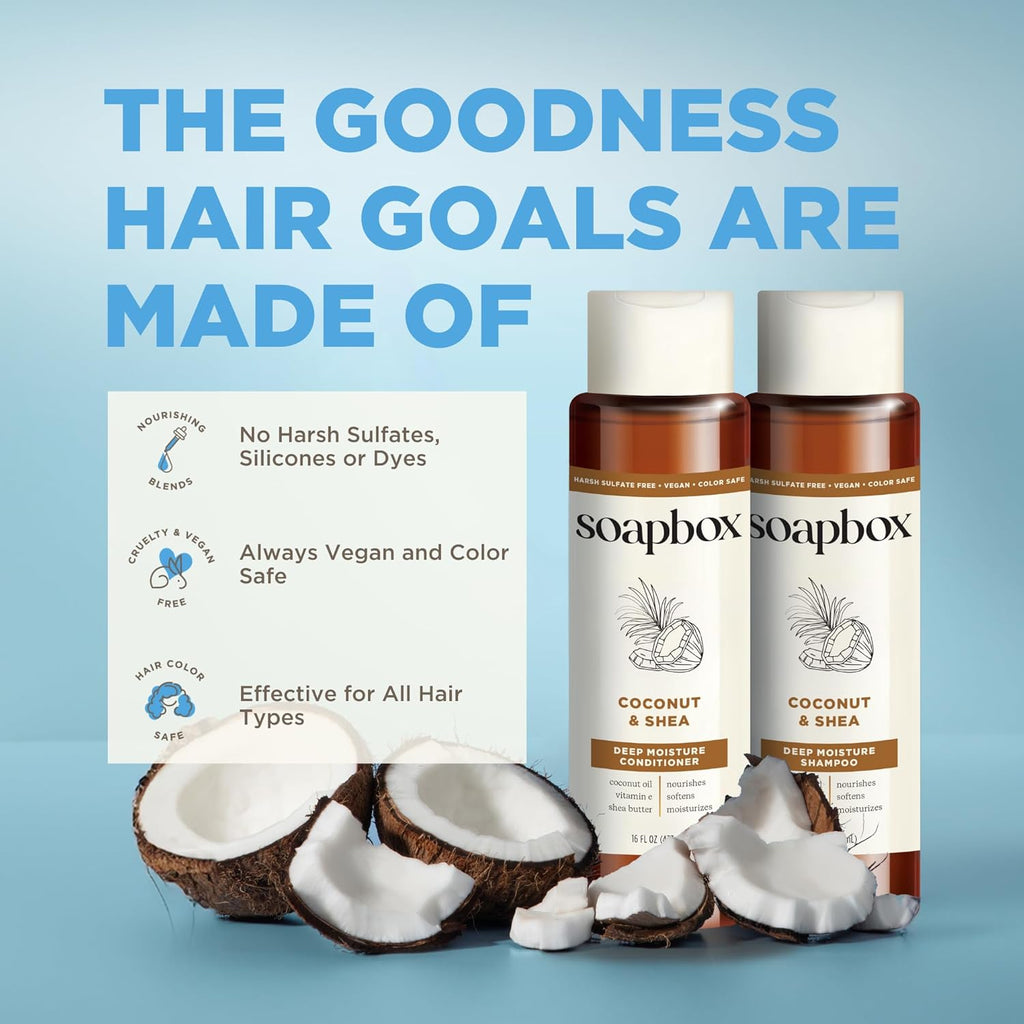 Soapbox Coconut Shampoo and Conditioner Set - Moisturizing Coconut Oil & Jojoba Oil | Paraben Free, 16oz (Pack of 2)