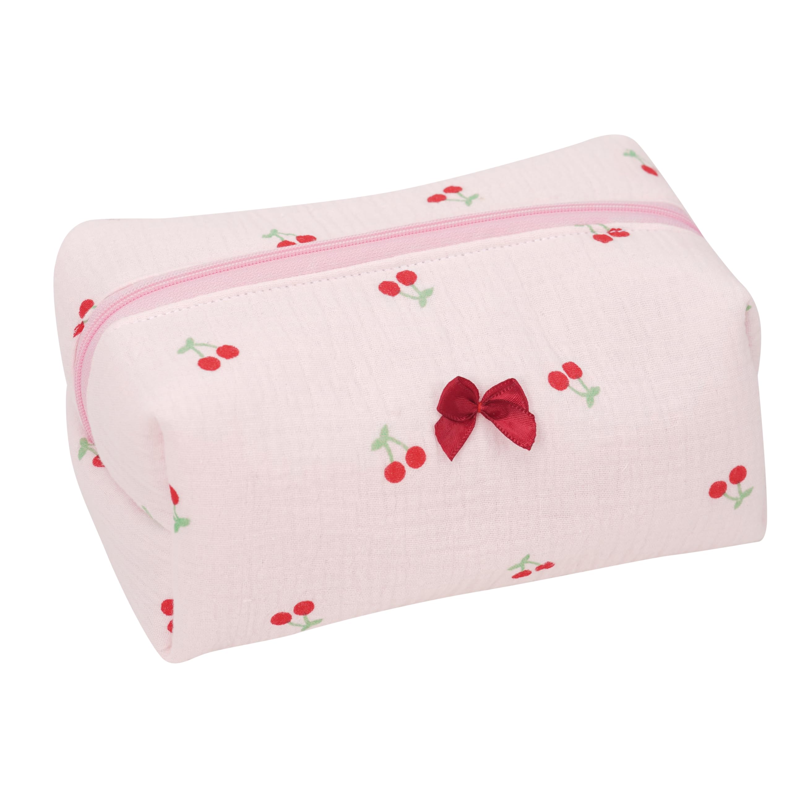 ZUNUONUO Handmade Quilted Cotton Makeup Bag for Women - Cute Cosmetic Pouch, Travel Toiletry & Make Up Organizer, Coquette Aesthetic Skincare Bag, Travel Essentials (Cute Cherry)