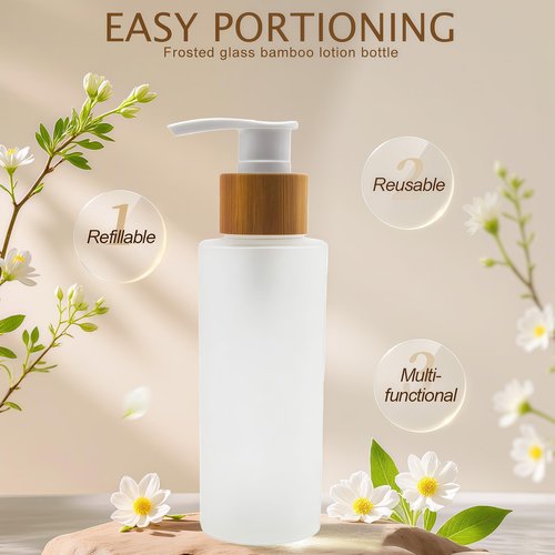 ericotry 1PCS Empty Refillable Frosted Glass Pump Bottle with Bamboo Pump Head Toiletries Storage Containers for Bath Shower Shampoo Hair-Conditioner Cleanser (150ml/5oz)