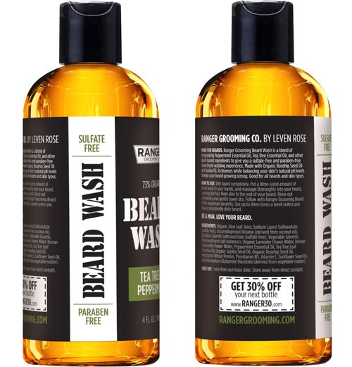 Leven Rose Beard Wash Shampoo by Ranger Grooming Co, Sulfate Free Natural Beard Cleanser & Conditioner for Men, Tea Tree & Peppermint for Growth & Thickening, Paraben Free 4 oz