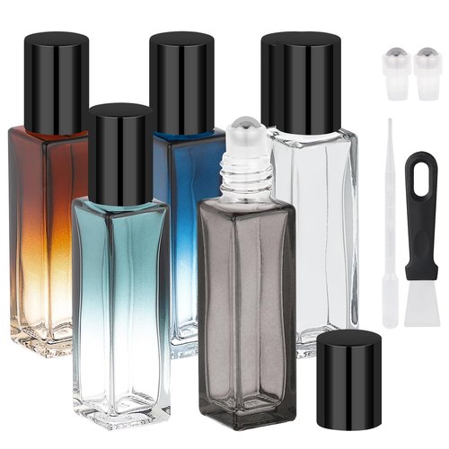 Segbeauty 0.34oz Essential Oil Roller Bottles for Travel, 5 Pack of Glass Roller Bottles Applicator 10ml, Refillable Roll on Bottle in Mixed Color, Travel Perfume Oil Bottle with Dispensing Tool Set