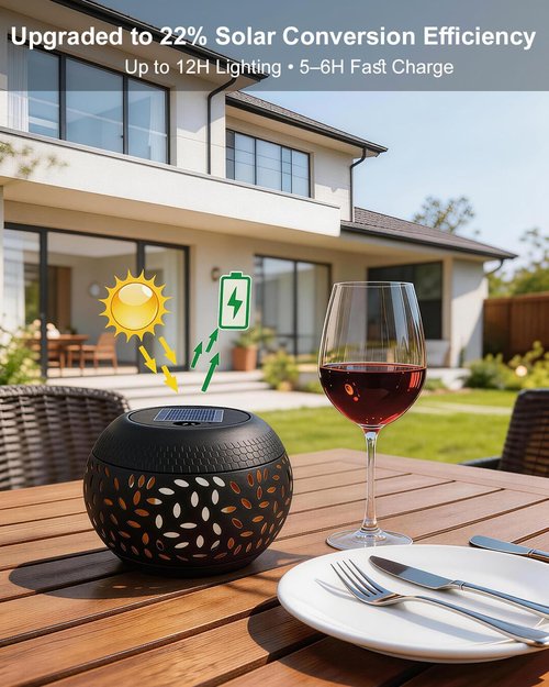 Skiennix Solar Table Lights - Waterproof 2-Pack Flickering Flame Lamps | Black Metal Decorative Lanterns for Outdoor Use