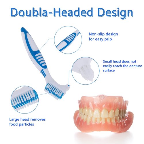 Geodurn Denture Brush, 2 Pieces False Teeth Toothbrush with White Carrying Case, Green and Purple Multi-Layered Bristles with Ergonomic Rubber Handle for Dentures Cleaning