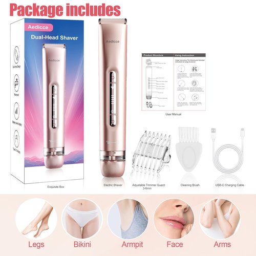 Bikini Trimmer for Women 2 in 1, Dual Head Womens Electric Shaver, Electric Razors for Pubic Hair, IPX7 Waterproof Rechargeable Facial Hair Removal for Shaving Underarm Leg Arm Body Face, Rose Gold