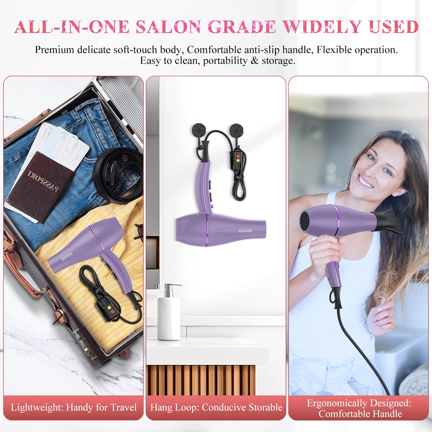 WADODO Ionic Hair Dryer, 2200W Professional Blow Dryer Fast Drying Travel Hair Dryer, AC Motor Constant Temperature Low Noise Ion Hair Dryers Curly Hair Care Hairdryer Blowdryer for Women Men(Purple)