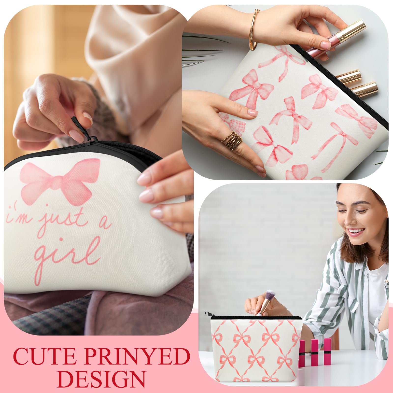 Yeyeplum 6 Pcs Pink Bow Makeup Bag Gifts for Women Coquette Bow Cosmetic Bag Bulk Preppy Travel Makeup Pouch Aesthetic Portable Versatile Zipper Pouch Birthday Gifts(Classic Style)