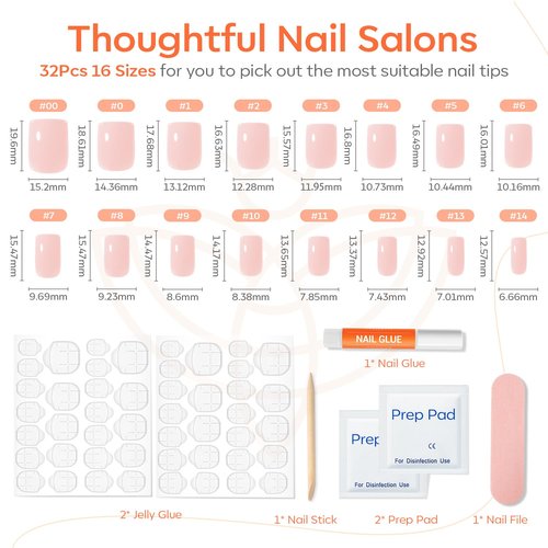 Modelones Press On Nails - Reusable Pink Short Square Fake Nails Kit | 32 Pcs, 16 Sizes, Includes Glue & File