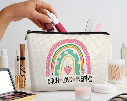 EXUQO Teacher Gifts,Teacher Makeup Bag,Appreciation Thank You Gifts for Teacher,Teach Love Inspire Pink Rainbow Teacher Gifts Cosmetic Bag,Teachers Day Gift,Birthday Gift Cosmetic Bag Organizer