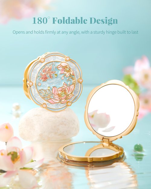 Imperblooms Lotus Bloom Compact Mirror, Small 2X Magnifying Makeup Mirror for Purse Pocket, Mini Portable Folding Blue Mirror, Chinese Style Gift for Women Girls
