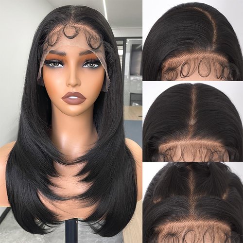 13x6 Lace Front Wigs Straight HD Lace Front Wigs Natural Black Straight Glueless Wigs Synthetic Pre Plucked Layer Frontal Lace Wigs for Women (Natural Black, 22inch)