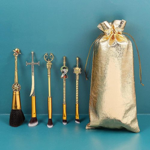 KF Ornament Set Of 5 One Piecess Anime Makeup Brushes - With Metal Handle, Velvet Gift Bag, Anime Peripheral, Birthday, Thanksgiving, Christmas, One Piece Fan Gift (Set)
