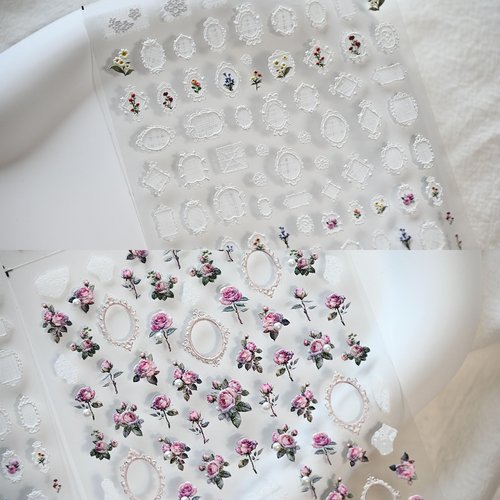CESTSIREN Rose Flower Frame Nail Art Stickers Pearl Rhinestones Embossed Vintage Nail Decals for Nail Art Design Self-Adhesive Nail Accessories for Women Nail Art Supplies 3 Sheets