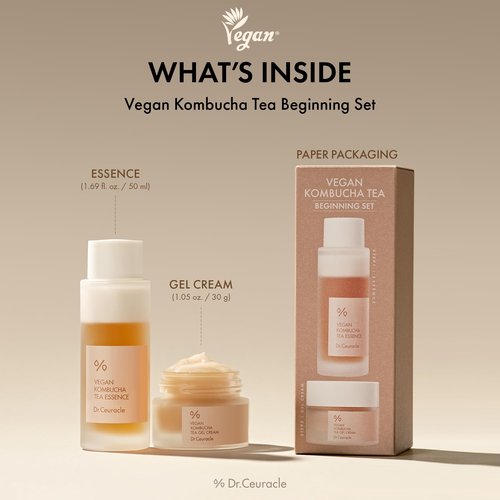 Dr.Ceuracle Vegan Kombucha Tea Essence and Gel Cream - Korean Skincare Gift Set for Holiday (Beginning Set)