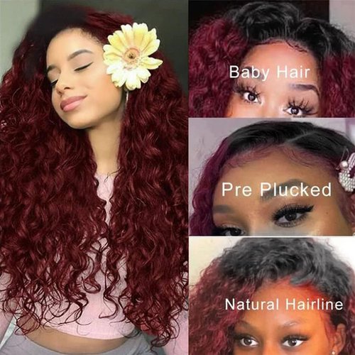 Lagalaga HD Omber Burgundy 99J Curly Wave Wigs Human Hair 200% Density Lace Frontal Wig 4x4 Deep Wave Wigs Human Hair Pre Plucked For Black Women