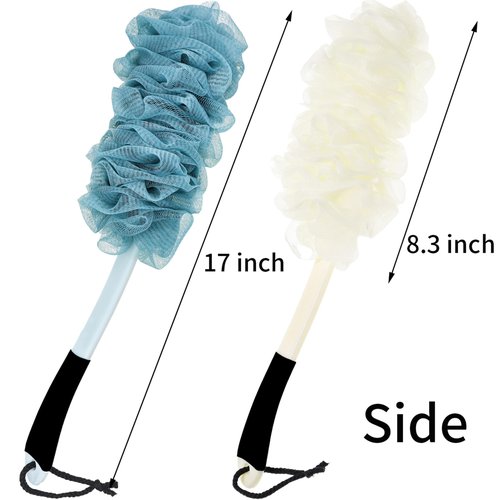 2Pack Back Scrubber for Shower, Loofah with Handle, Back Loofah Non-Slip Handle, Bath Body Brush, Scrub Cleaning Brush for Shower, Soft Mesh Sponge On a Stick for Men Women Elderly (Blue and White)