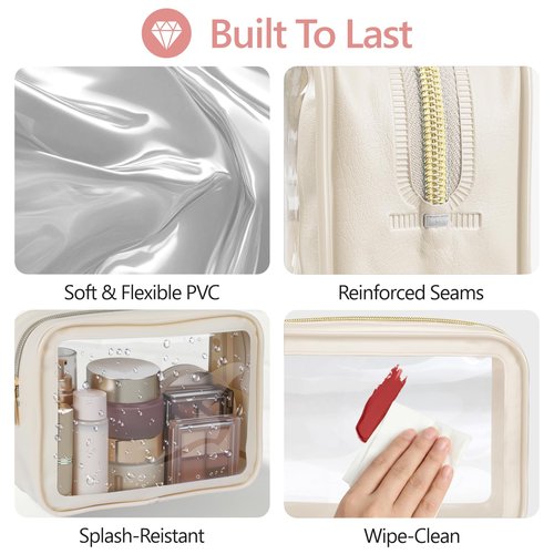 PACKISM Clear Makeup Bag 3 Pack Medium - Foldable TSA Approved Toiletry Bag Quart Size for Travel Bottles, Water Resistant Multipurpose Car Storage Organizer with Reinforced Seams, Beige