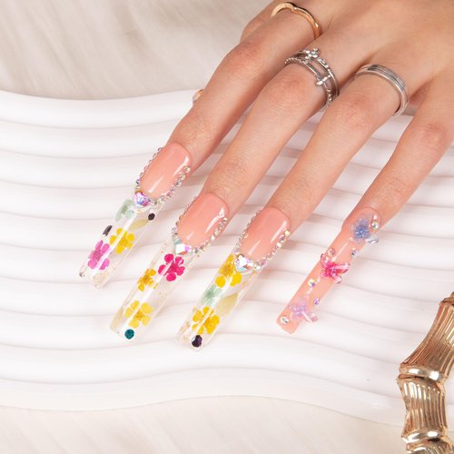 LOVFUL Press on Nails Flora | Handmade with Full Covered Crystals | Reusable Full Cover Nails | Square Long 2.2 in | H176-M