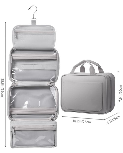 QULUXAO Toiletry Bag for Women & Men, Portable Hanging Makeup Bag/Cosmetic Bag with Compartments, Compact Travel Toiletry Bag Organizers (Grey)