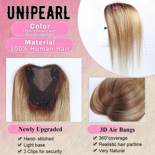 Hair Toppers for Women Real Human Hair 12 Inch 360° Cover Remy Human Hair Topper for Women with Thinning Realistic Scalp Clip in Pieces Straight Hair (Highlight Brown Mixed Blonde, Side Bangs)