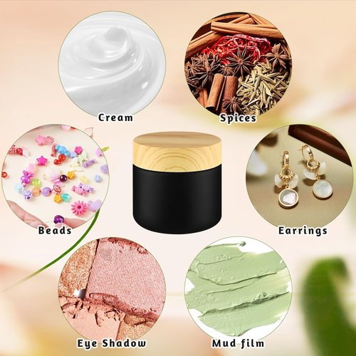 10 Pcs 60g/2oz Frosted Cream Jars Travel Size Glass Cosmetic Containers Empty Glass Jars with Wood Grain Lids for Makeup Lotion Face Cream - Black