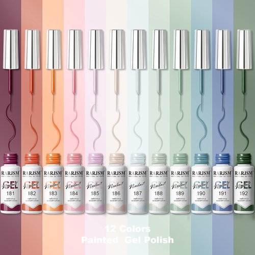 RARJSM Nail Art Gel Liner 12 Colors Collection Sage Green Dusty Pink Navy Blue Orange Painted Gel Nail Polish Set 5ml UV LED Cured Nail Design Thin Striper Brush for Home Salon Mani Diy Summer