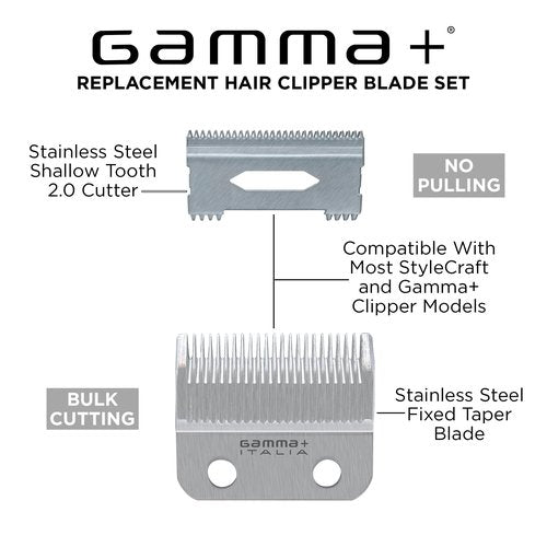 GAMMA+ Replacement Fixed Stainless Steel Taper Hair Clipper Blade with Stainless Steel Shallow Tooth 2.0 Cutter Set