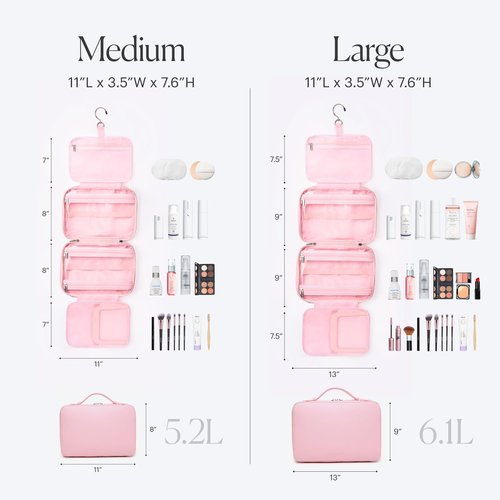 BEAUTYGOODIES Pink Hanging Toiletry Bag for Women, Travel Toiletry Bag for Makeup, Clear Bags for Easy Packing, Bag for Toiletries, Flight Curise Roadtrip Bag to Hold and Hang even at Home.
