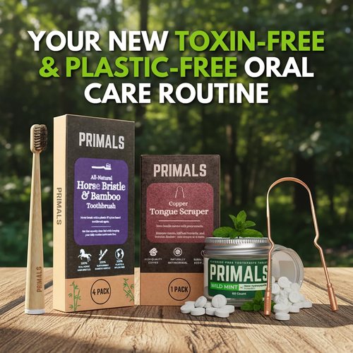 PRIMALS Horse Bristle & Bamboo Toothbrush (4-Pack) - Luxurious & Soft Horse Bristles - Fully Biodegradable - Plastic & Nylon Free - Quick Dry Design