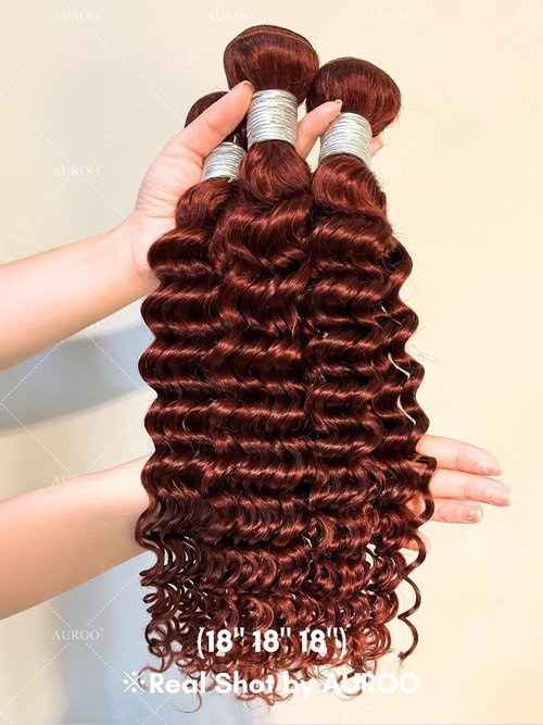 AUROO Reddish Brown Curly Human Hair, Thick Track Auburn Copper Red Colored Deep Wave Single Bundles 100% Virgin Human Hair Bundles #33b Remy Sew in 14 inch