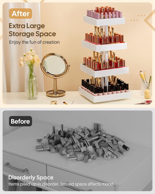 Homde Nail Polish Display Stand and Storage: 360 Degree Rotating Bamboo Rack Organizer, 4 Tier Makeup Holder for Fast Access on Countertop or Vanity for Girls & Women,White