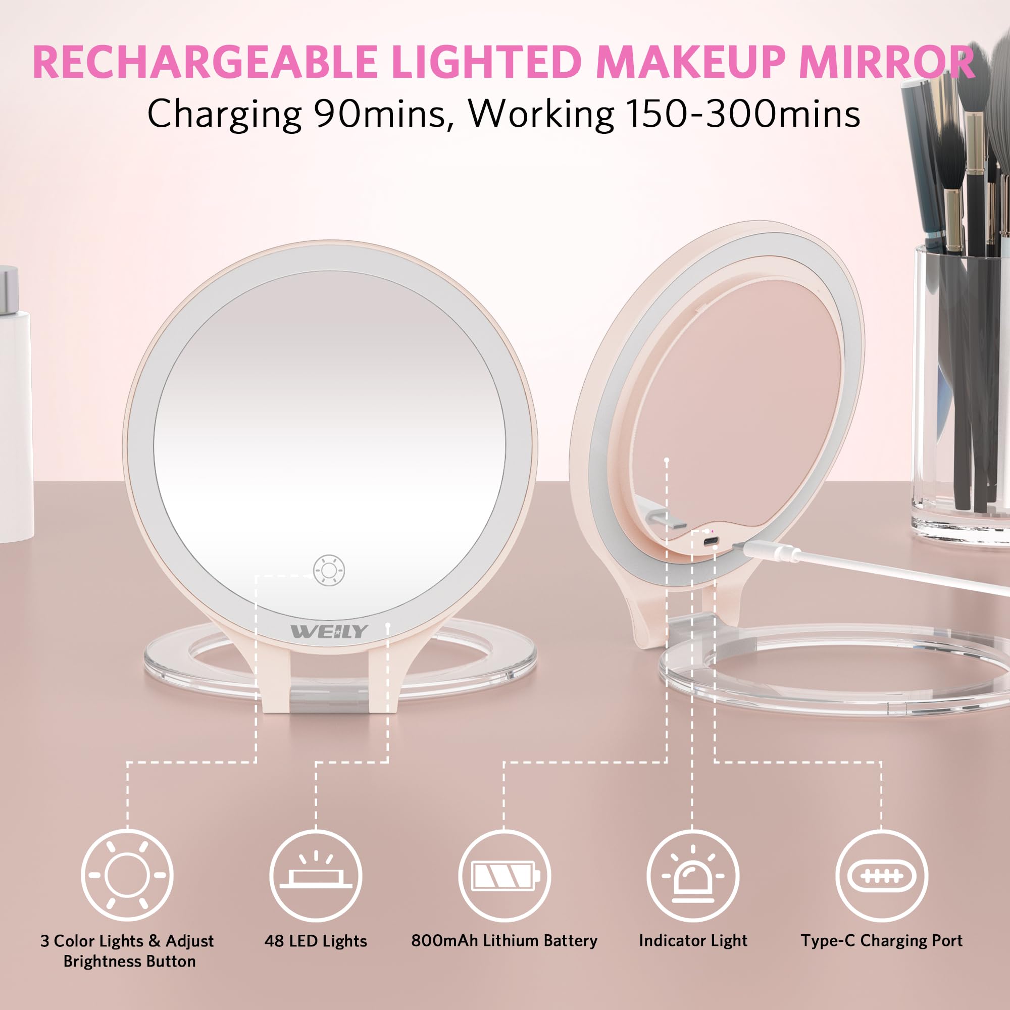 WEILY Magnifying Mirror with Light, 10X/1X Magnification Double-Sided Travel Makeup Mirror, with 3 Color Lights, Touch Control, Rechargeable Portable Mirrors for Bedroom, Bathroom (Pink)