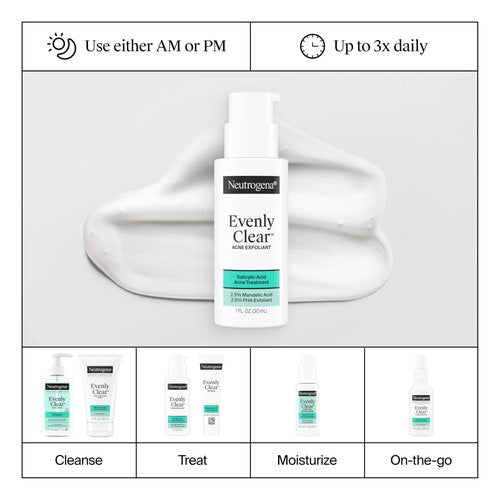 Neutrogena Evenly Clear Acne Exfoliant with Salicylic Acid & Mandelic Acid, Multi-Acid Face Exfoliating Treatment Serum Visibly Fade the look of Post-Acne Marks for A Smooth, Even Skin Tone, 1 fl. oz
