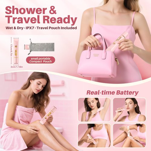 BUJIOLA 2025 Upgraded Bikini Trimmer for Women, Dual-Head Shaver with LCD Display, Ceramic-Blade Pubic Hair Trimmer, IPX7 Waterproof Wet & Dry Shower Shaver, Travel-Ready Gift Pouch (Light Pink)