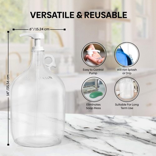 Kitchentoolz Gallon Glass Pump Dispenser Bottle - 128 oz Laundry Liquid & Soap Organizer